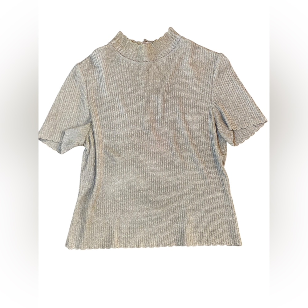 St. John Basics Marie Gray Gold Metallic Knit Top Mock Neck Short Sleeve S USA